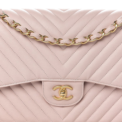 Chanel Calfskin Chevron Quilted Jumbo Double Flap Light Pink 10 of 11