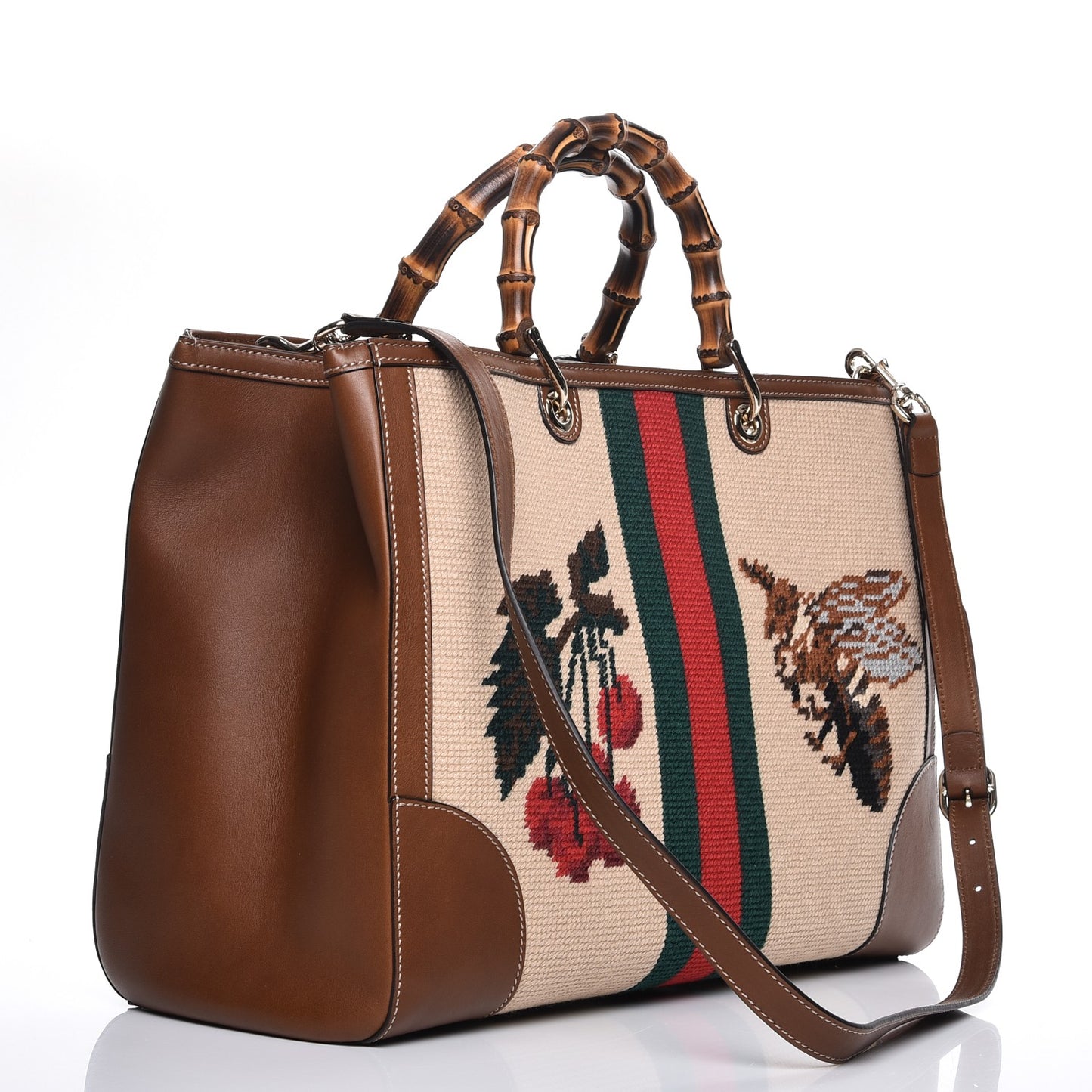 Embroidered Large Bamboo Shopper Tote Brown