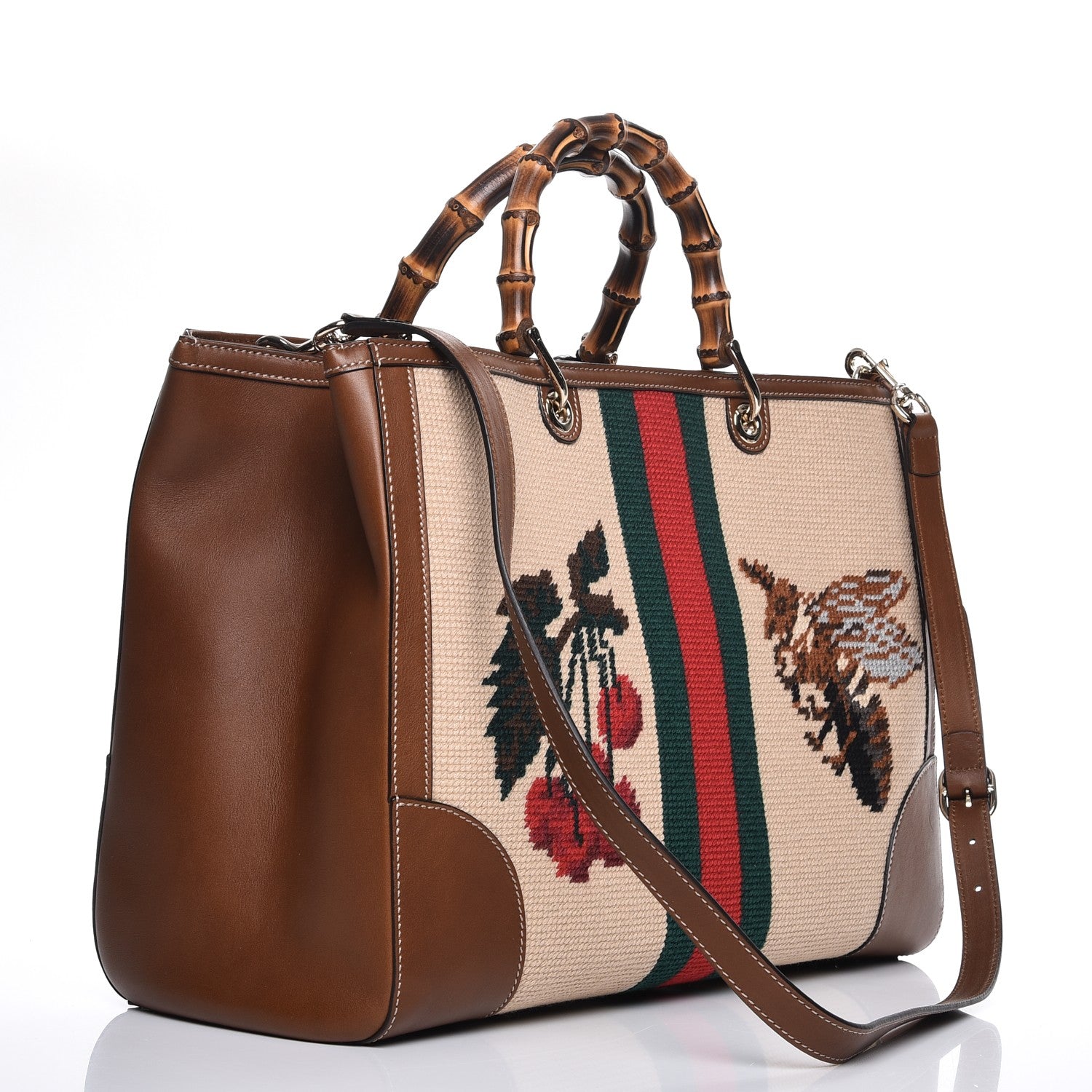Gucci Embroidered Large Bamboo Shopper Tote Brown 4 of 8