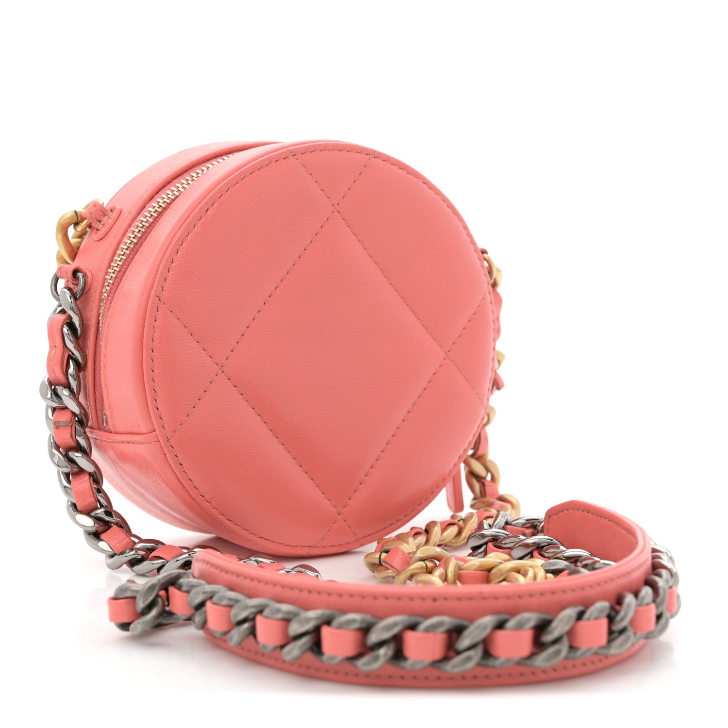 Chanel Lambskin Quilted Chanel 19 Round Clutch With Chain Pink 3 of 12