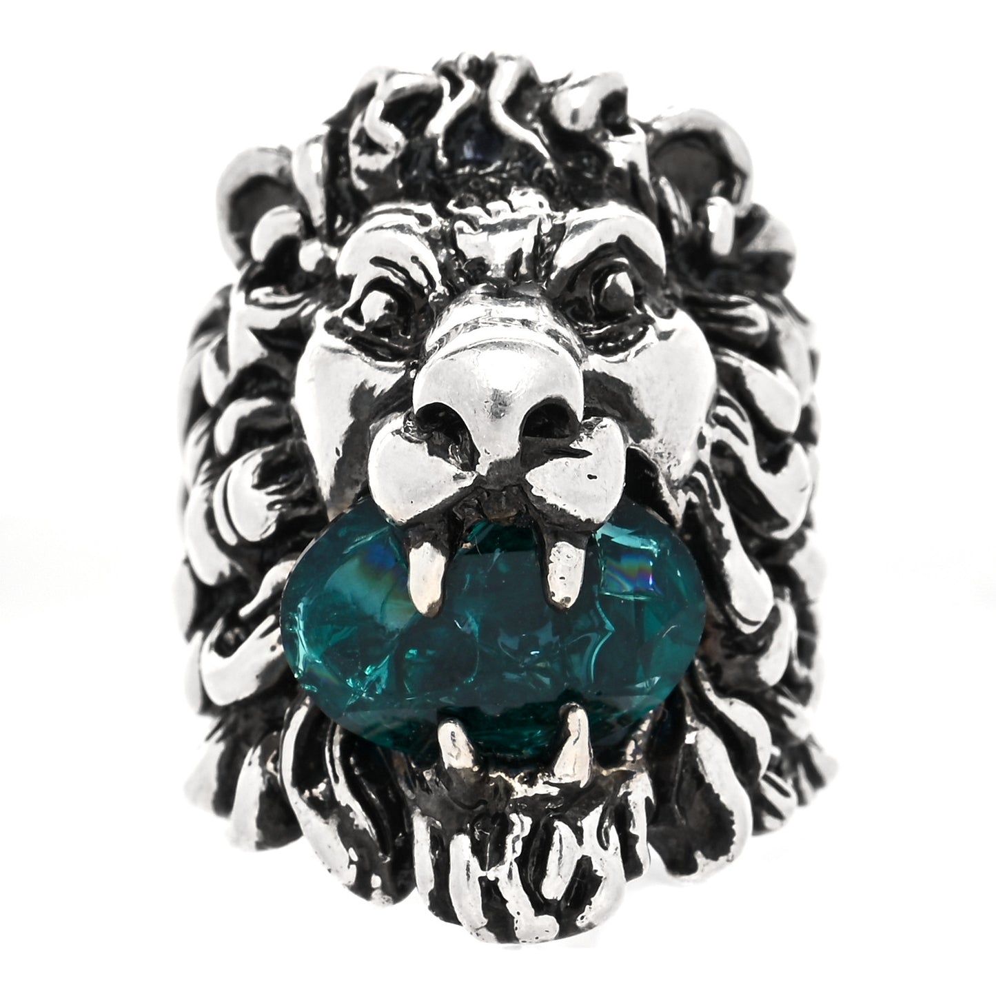 Metal Crystal Lion Head Ring 16 Emerald Aged Silver