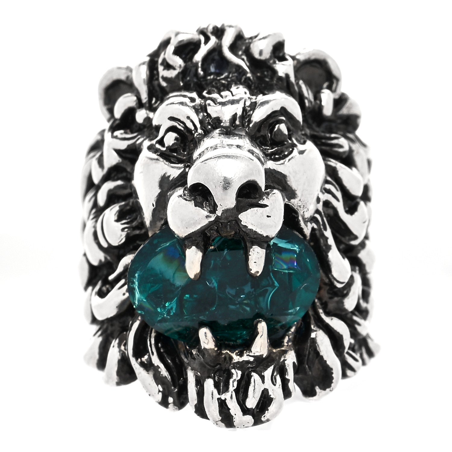 Gucci Metal Crystal Lion Head Ring 16 Emerald Aged Silver 1 of 5
