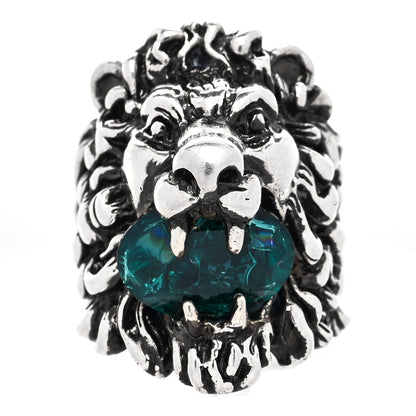 Gucci Metal Crystal Lion Head Ring 16 Emerald Aged Silver 1 of 5
