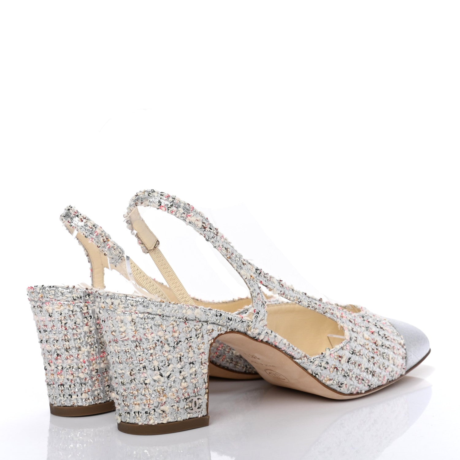 Chanel Tweed Cap Toe CC Slingback Pumps 38.5 Silver Grey 4 of 7