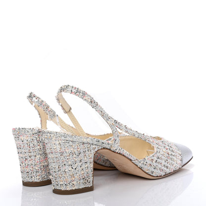 Chanel Tweed Cap Toe CC Slingback Pumps 38.5 Silver Grey 4 of 7