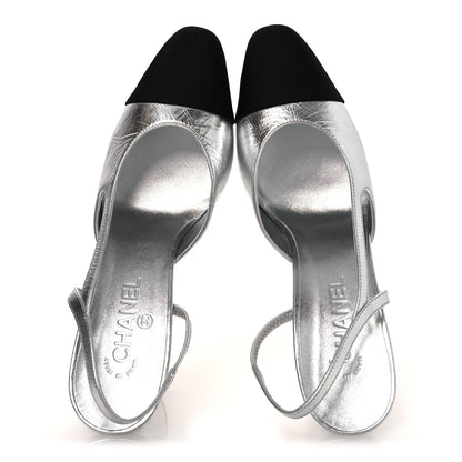 Chanel Laminated Crumpled Lambskin Grosgrain Cap Toe CC Slingback Pumps 41 Silver Black 2 of 11