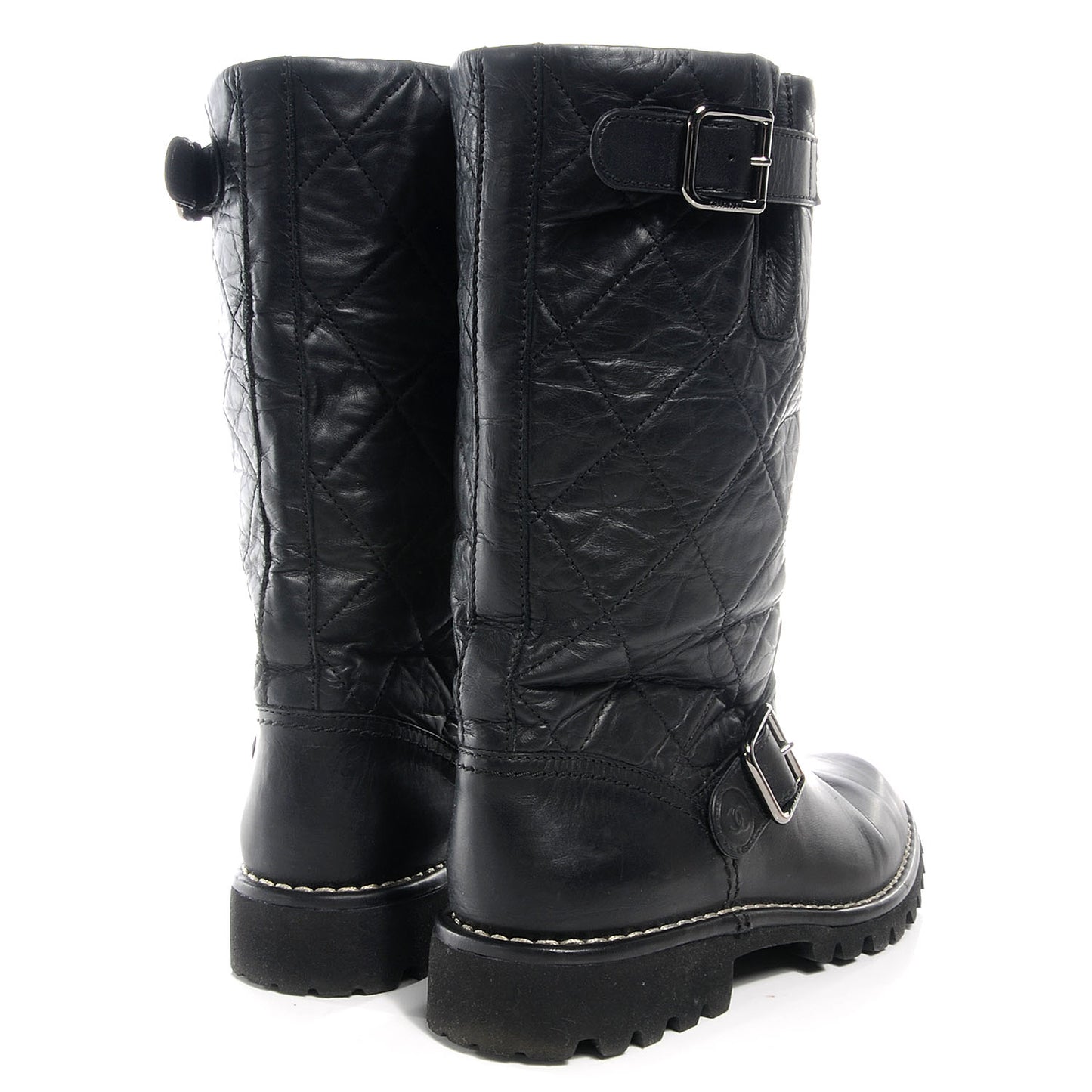 Calfskin Quilted Biker Boots 37 Black