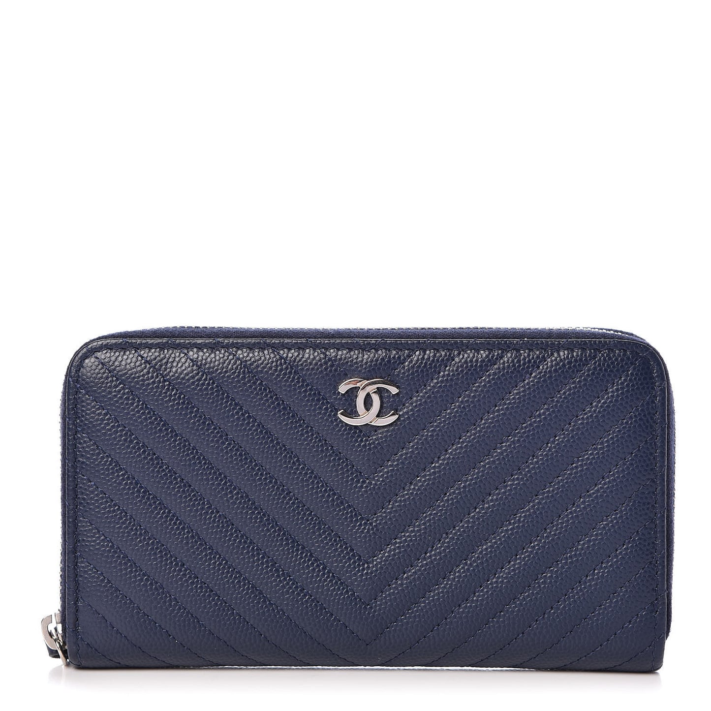 Caviar Chevron Quilted Small Zip Around Wallet Navy