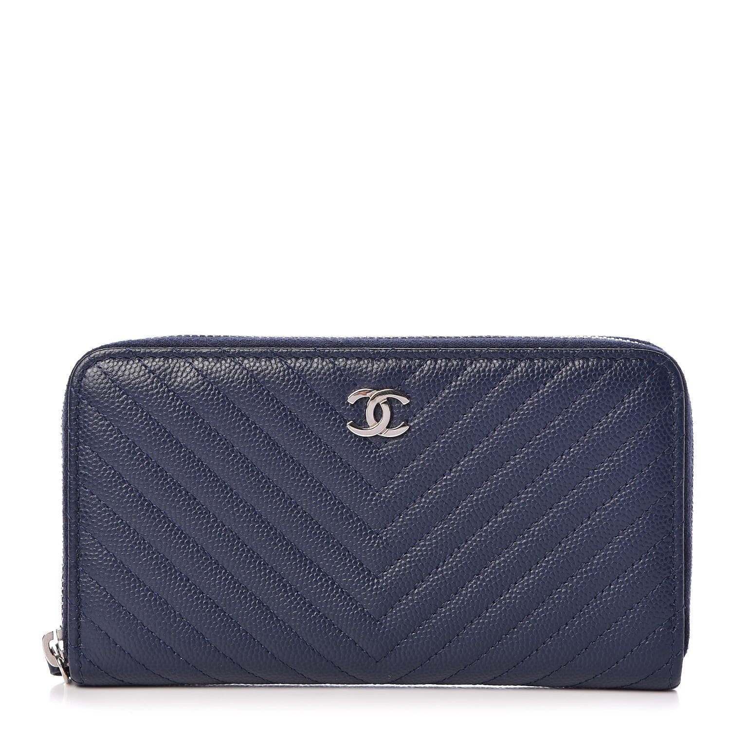 Chanel Caviar Chevron Quilted Small Zip Around Wallet Navy 1 of 10