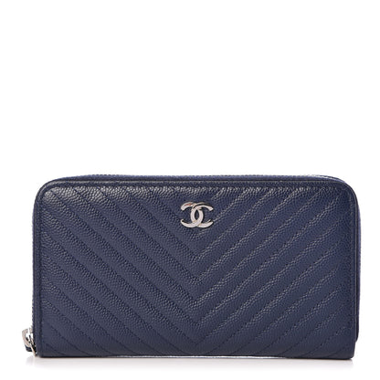 Chanel Caviar Chevron Quilted Small Zip Around Wallet Navy 1 of 10