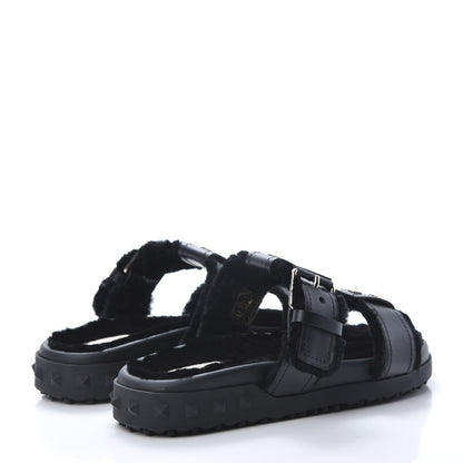 Valentino Garavani Shearling Rockstud Slide Sandals 38 Black 4 of 9