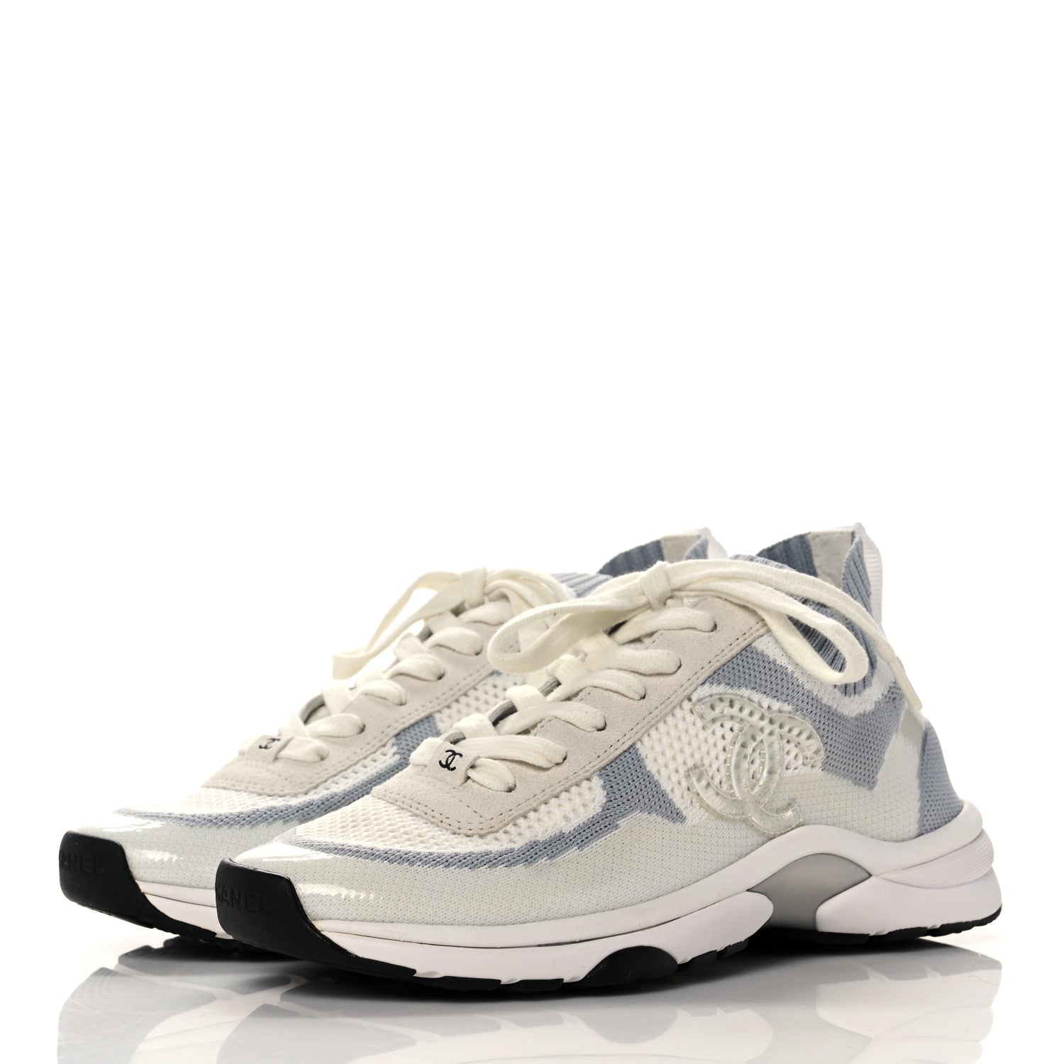 Chanel Fabric Suede Calfskin Stretch CC Sneakers 38 White Grey 3 of 7