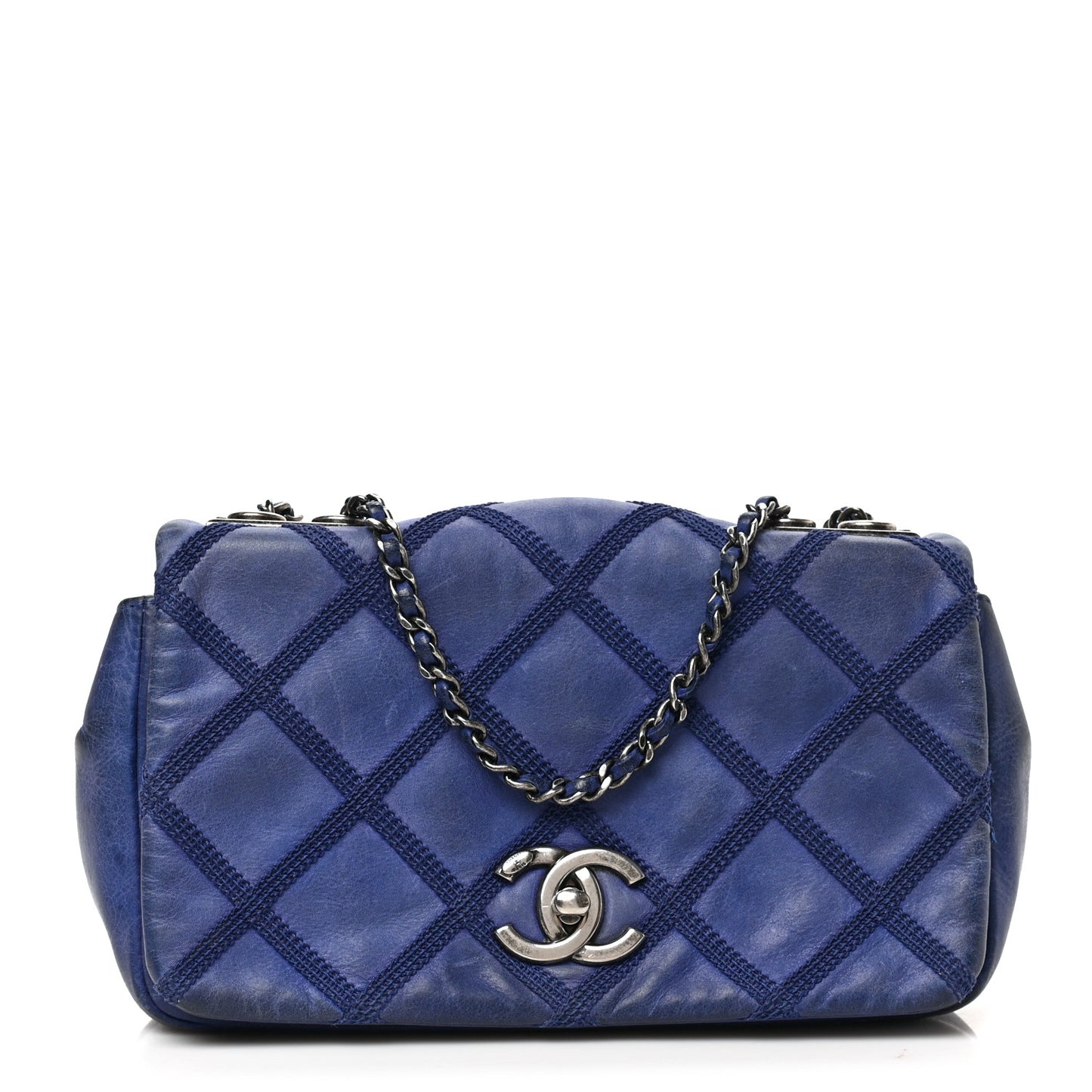 Iridescent Calfskin Diamond Embellished Medium Single Flap Blue