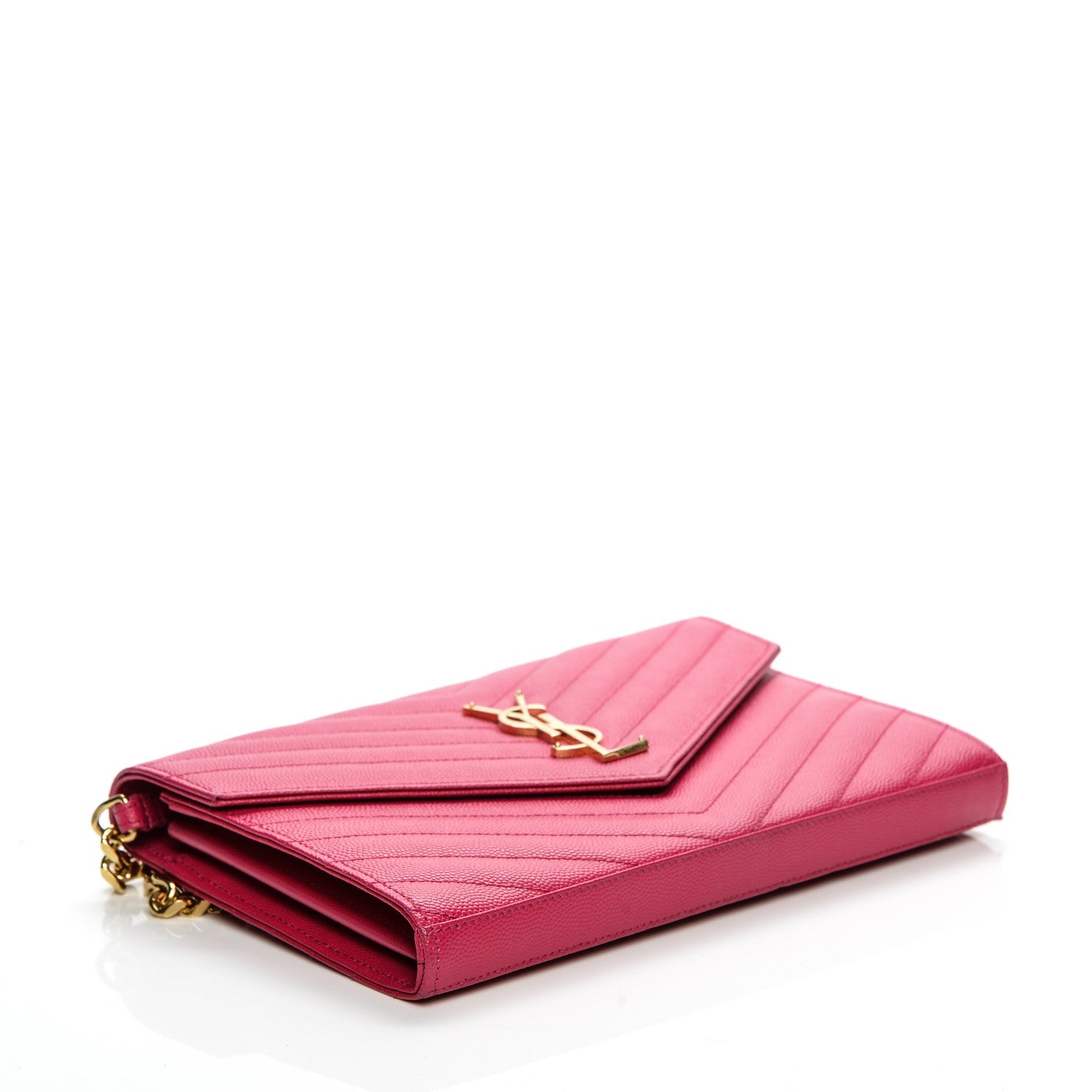 Saint Laurent Grain De Poudre Matelasse Chevron Monogram Chain Wallet Lipstick Fuchsia 4 of 8