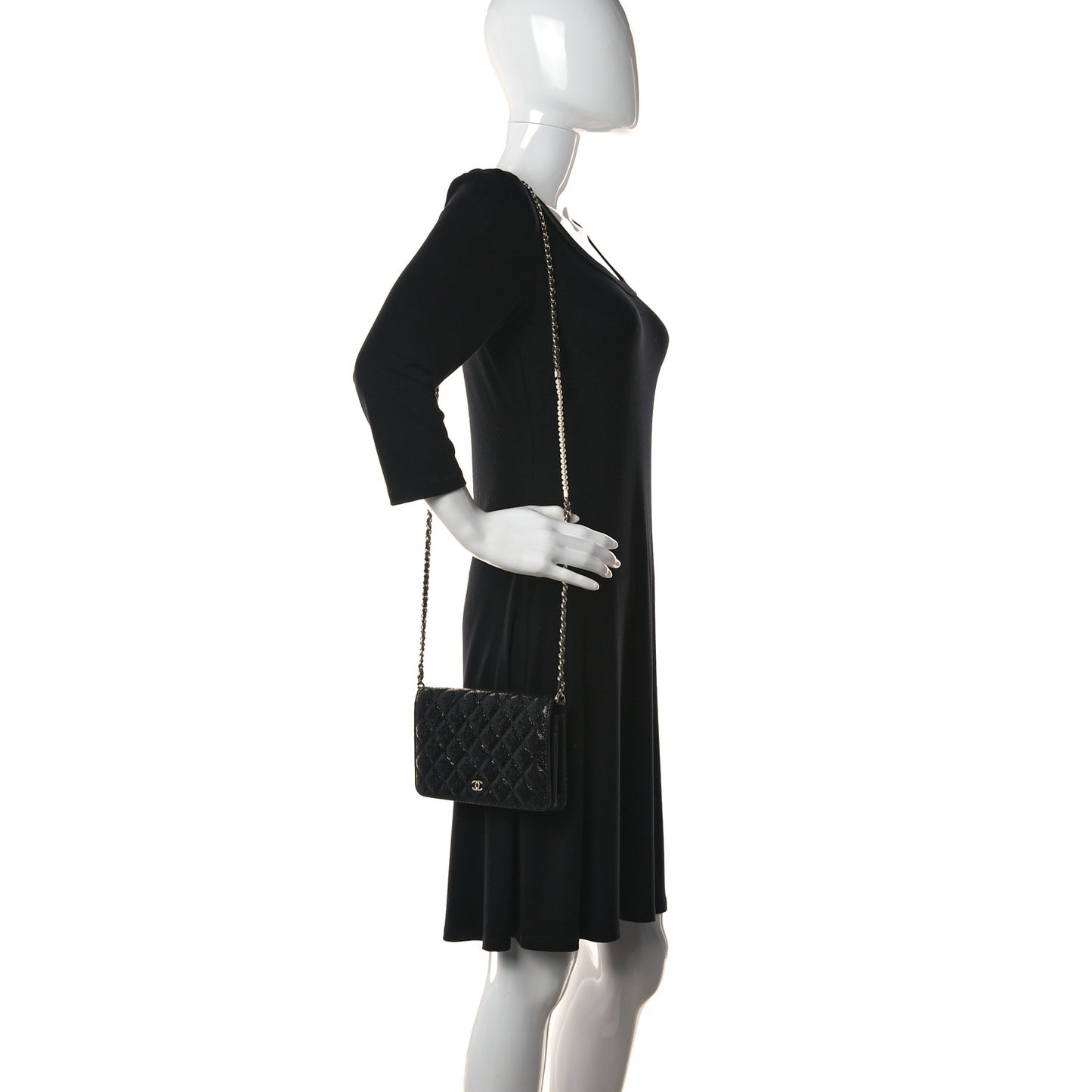 Crackled Patent Calfskin Quilted Pearl Wallet On Chain WOC Black