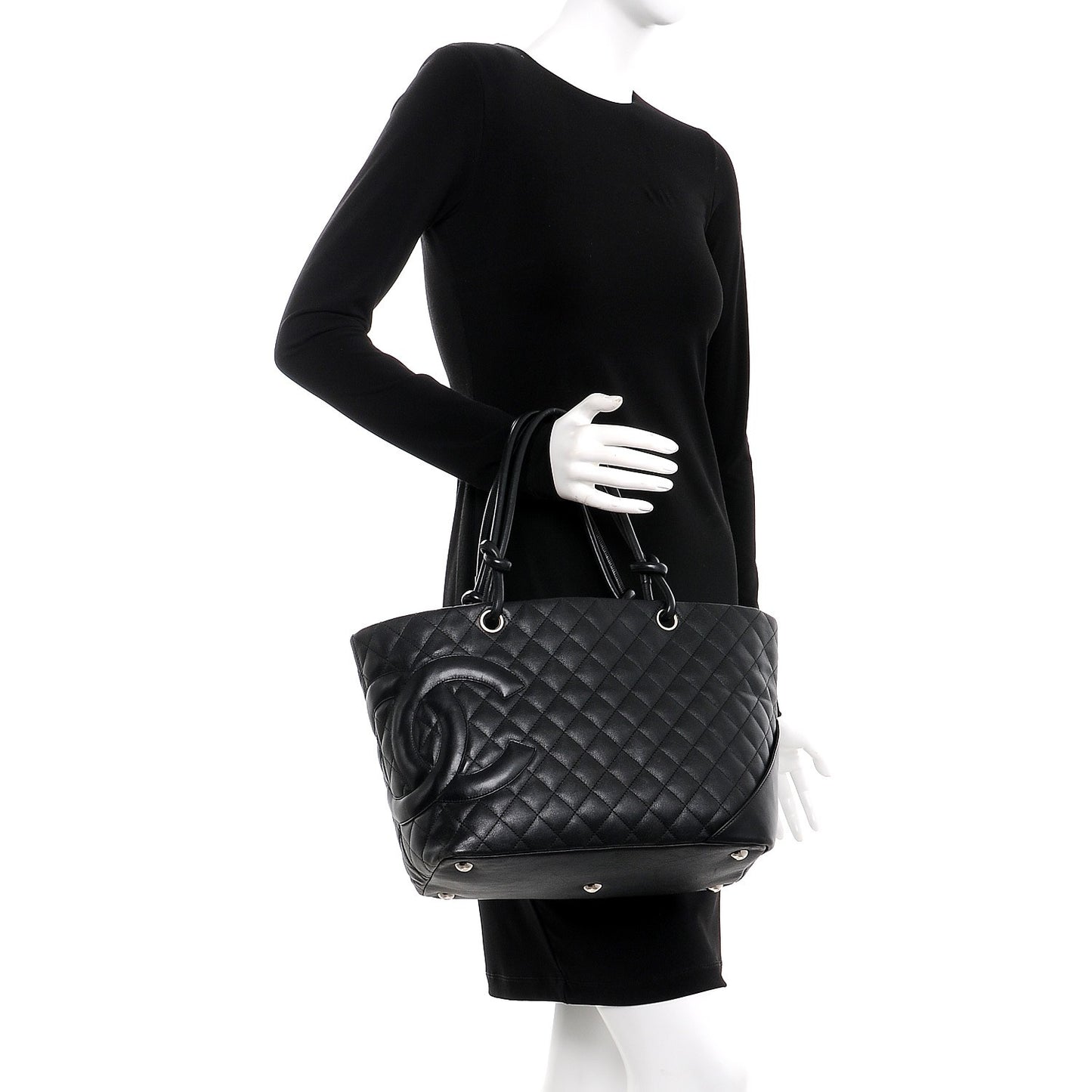 Calfskin Quilted Large Cambon Tote Black