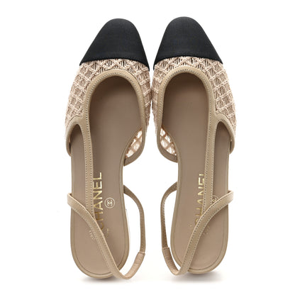 Chanel Embroidery Grosgrain Cap Toe CC Slingback Flats 37 Beige Black 2 of 9