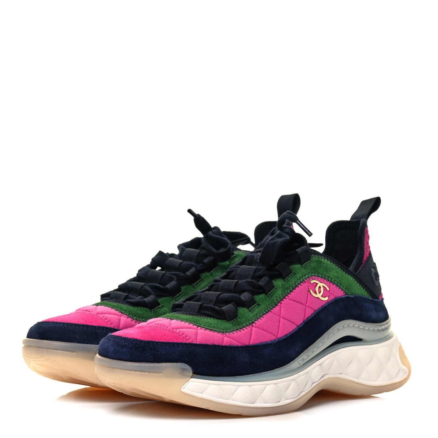 Velvet Calfskin Mixed Fibers CC Sneakers 40 Dark Pink Green