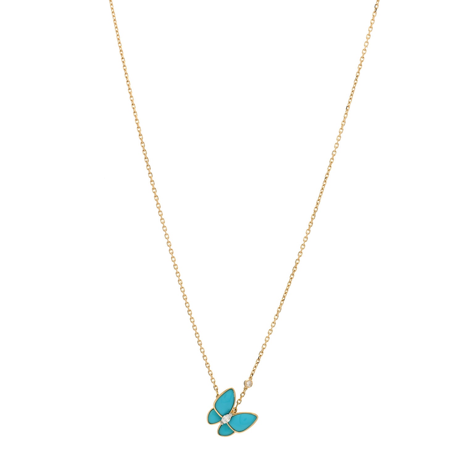 Van Cleef & Arpels 18K Yellow Gold Diamond Turquoise Two Butterfly Pendant Necklace 1 of 3