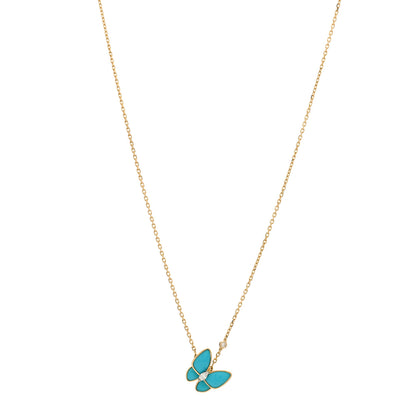 Van Cleef & Arpels 18K Yellow Gold Diamond Turquoise Two Butterfly Pendant Necklace 1 of 3