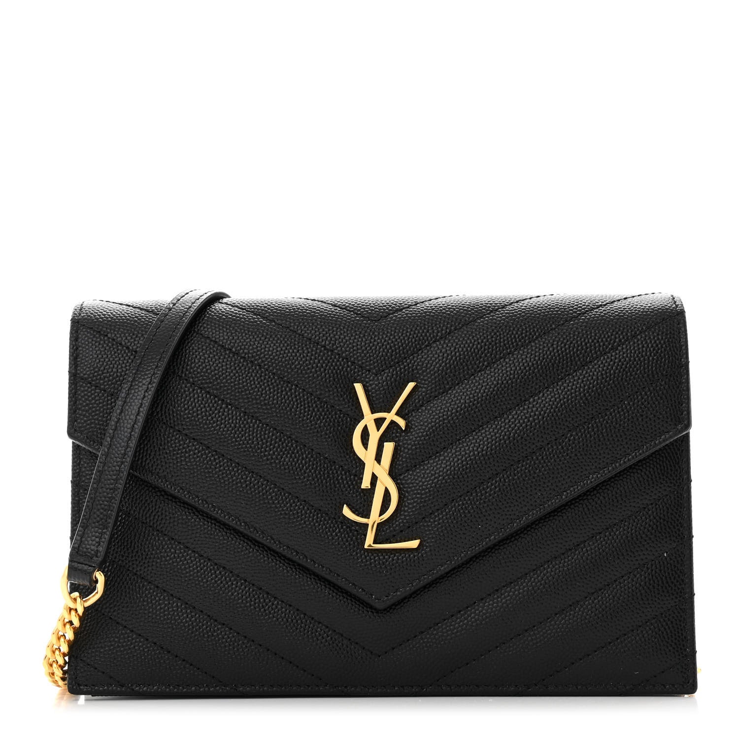 Saint Laurent Grain De Poudre Matelasse Chevron Monogram Envelope Chain Wallet Black 1 of 12