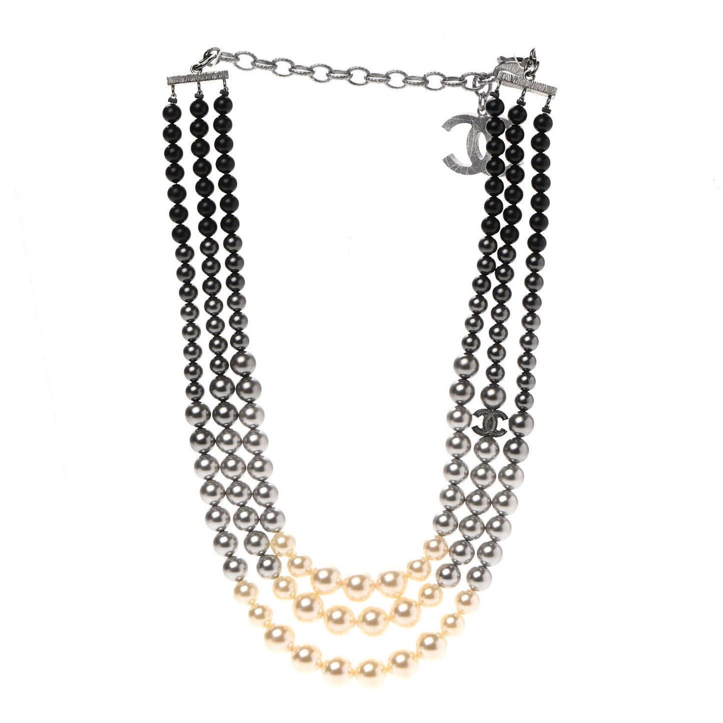 Graduated Pearl CC Multi Strand Short Necklace Ruthenium Grey Black