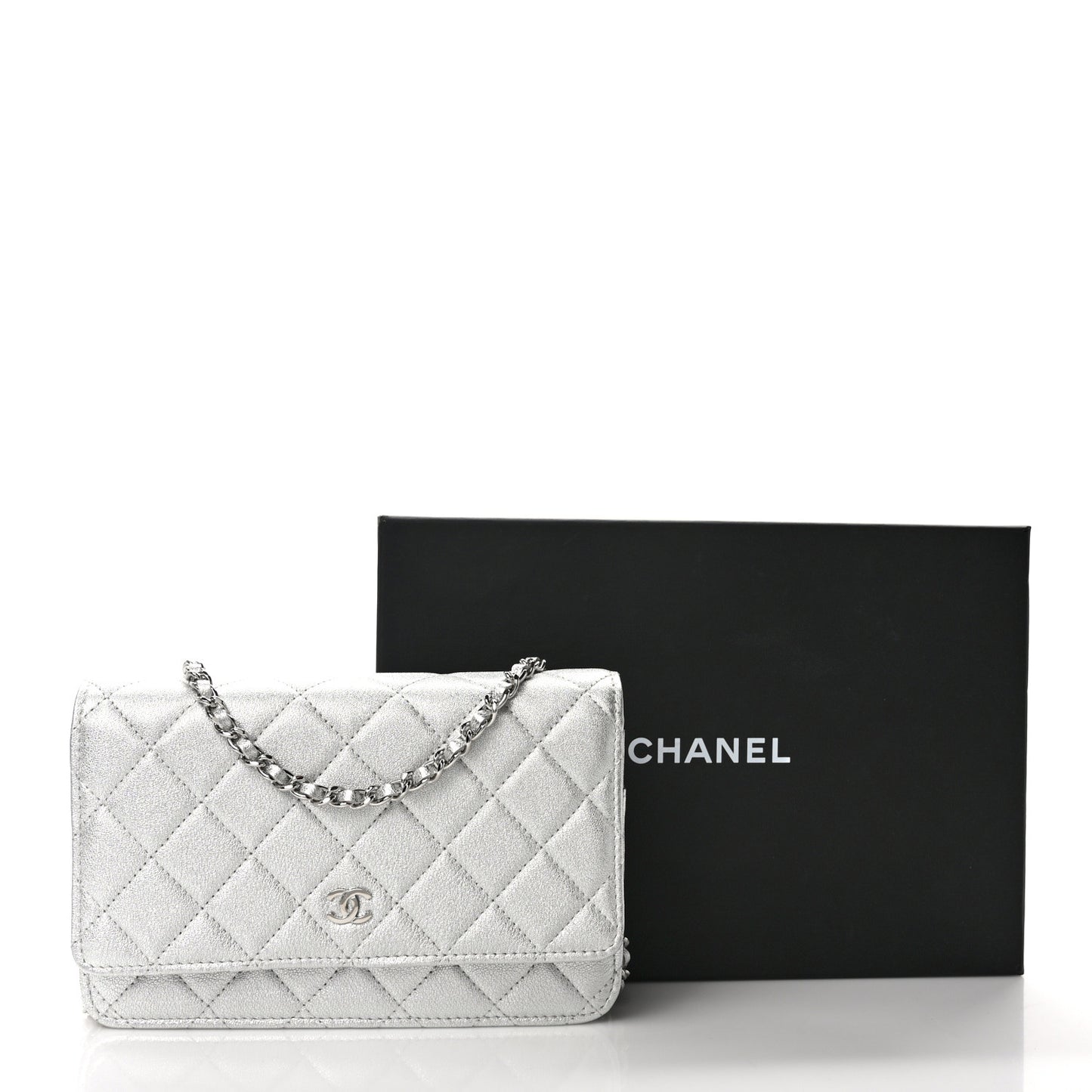 Metallic Lambskin Quilted Wallet On Chain WOC Silver