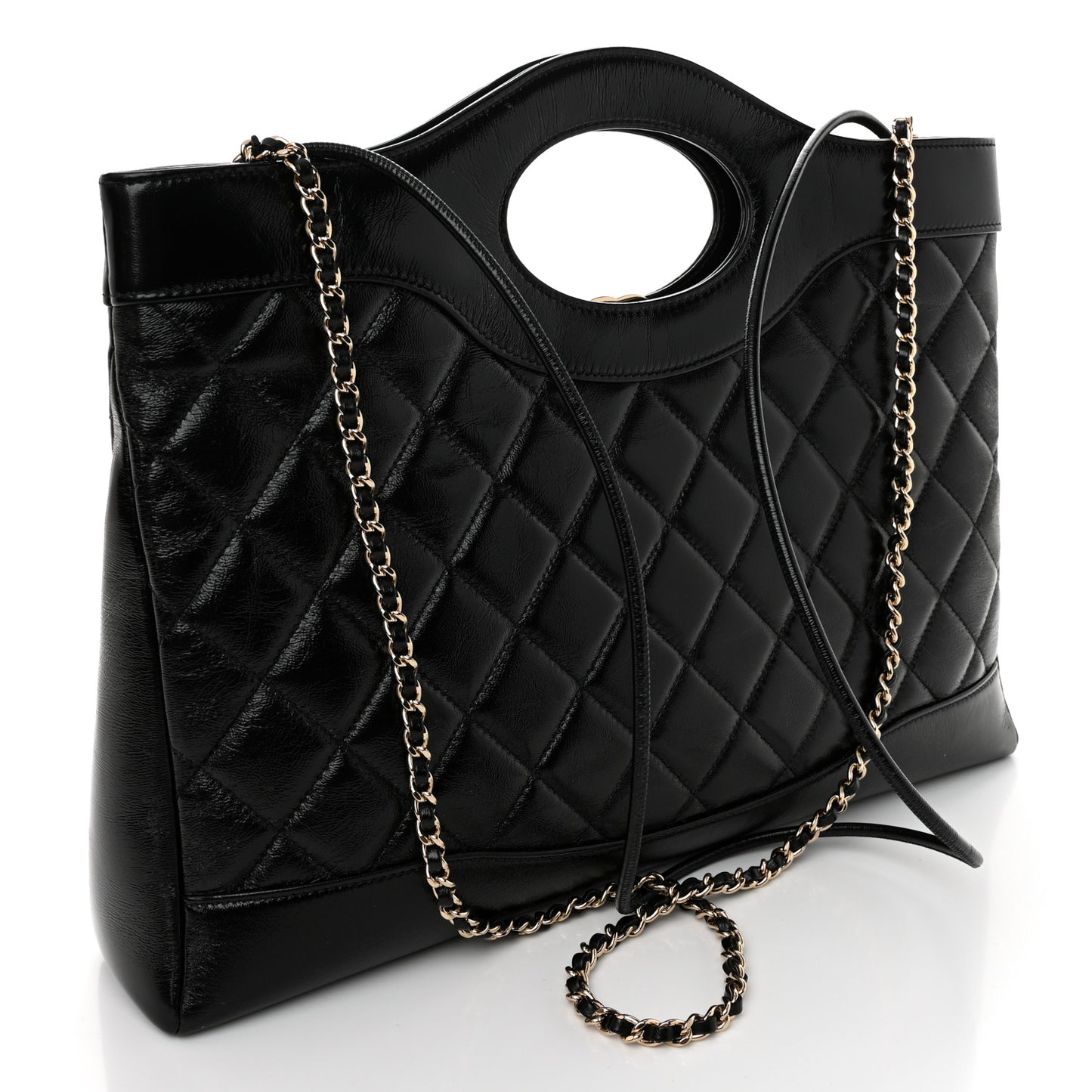 Shiny Lambskin Quilted 31 Shopping Bag Black