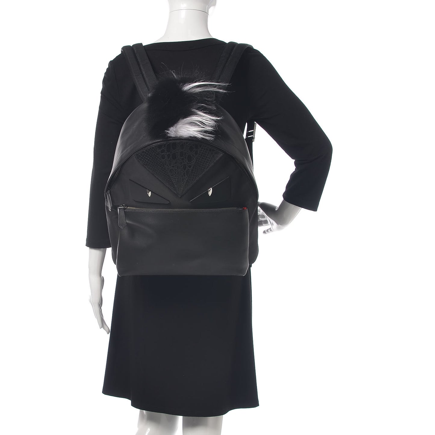 Vitello Century Nylon Crocodile Elaphe Fox Goat Fur Metal Monster Eyes Backpack Black
