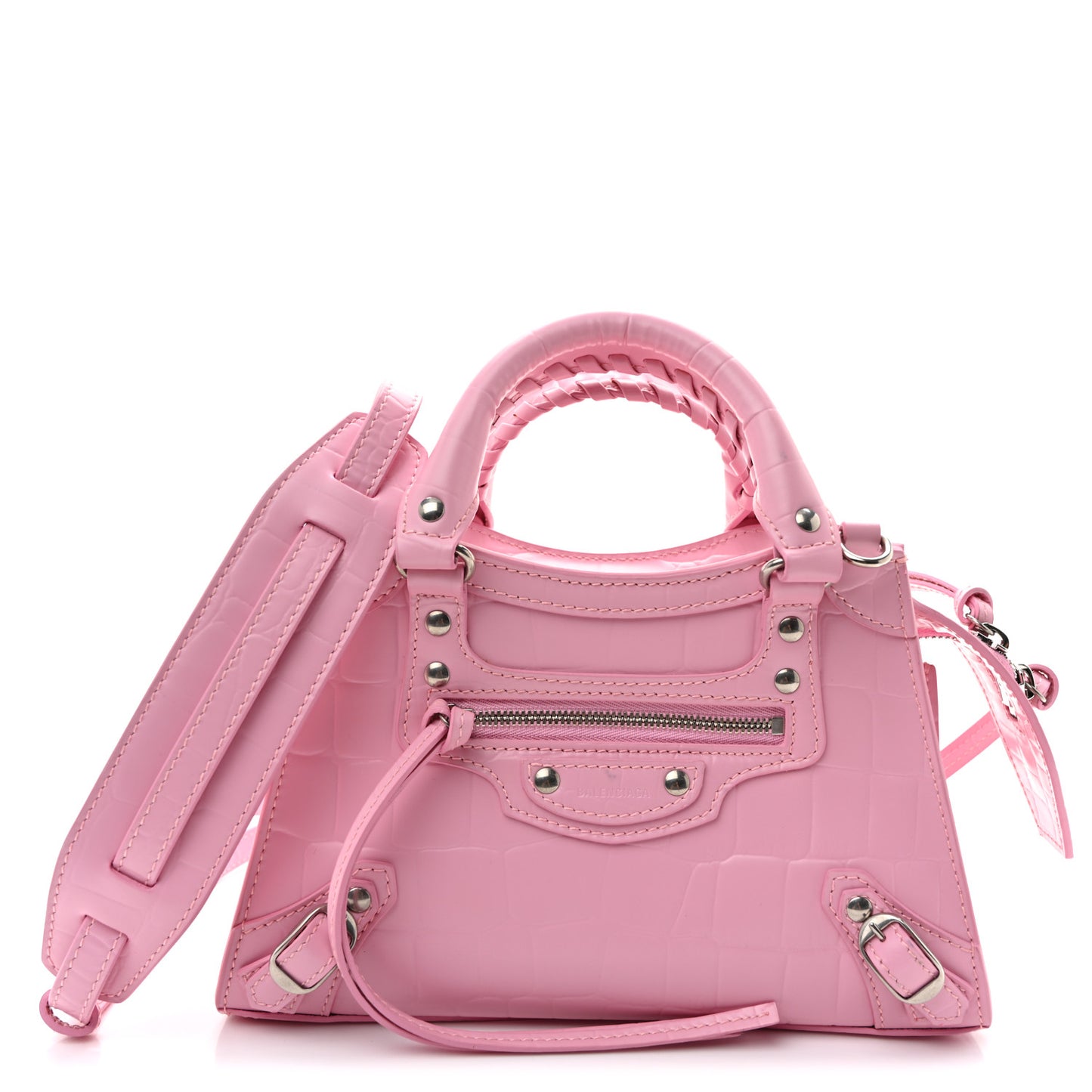 Semi Shiny Calfskin Crocodile Embossed Neo Classic Silver Hardware Mini City Pink