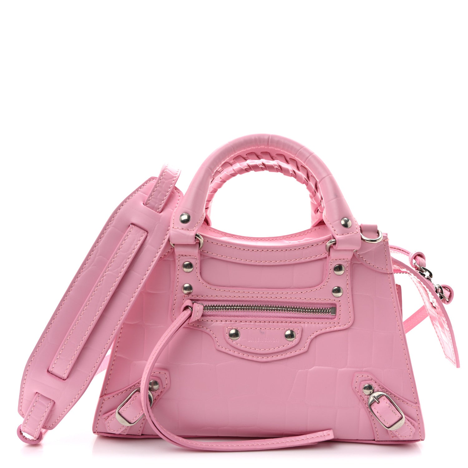 Balenciaga Semi Shiny Calfskin Crocodile Embossed Neo Classic Silver Hardware Mini City Pink 1 of 10