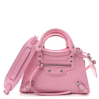 Balenciaga Semi Shiny Calfskin Crocodile Embossed Neo Classic Silver Hardware Mini City Pink 1 of 10
