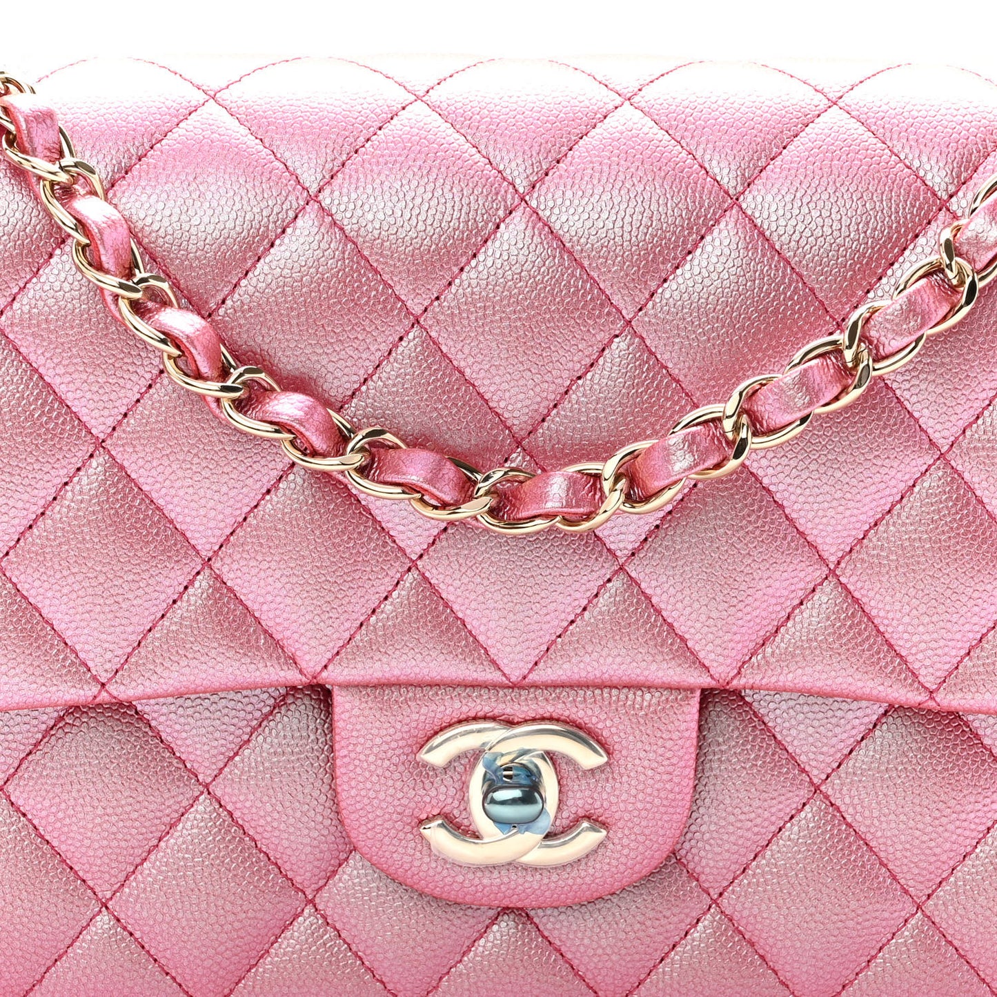 Iridescent Caviar Quilted Medium Double Flap Pink