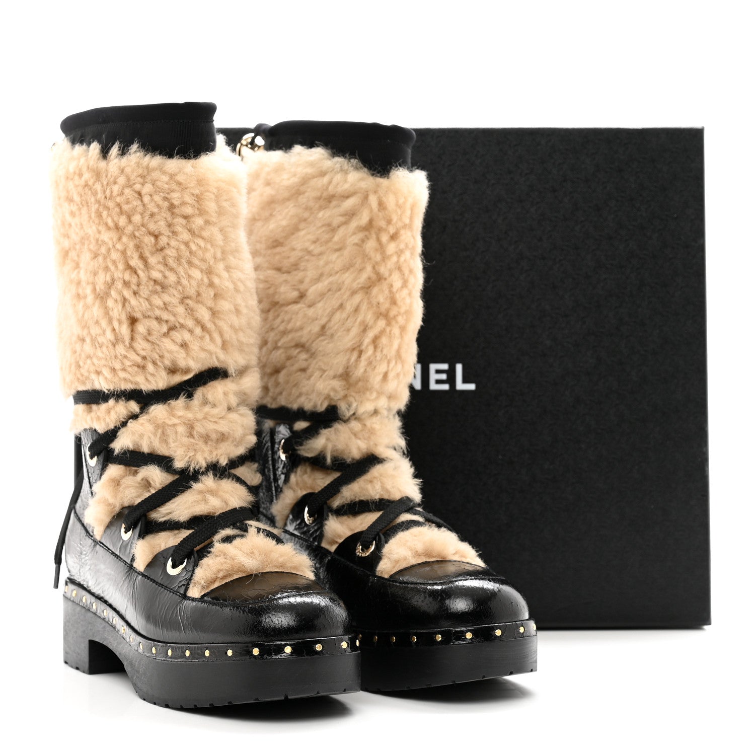Chanel Shearling Crackled Sheepskin Chain Studded CC High Boot 36 White Black 9 of 9