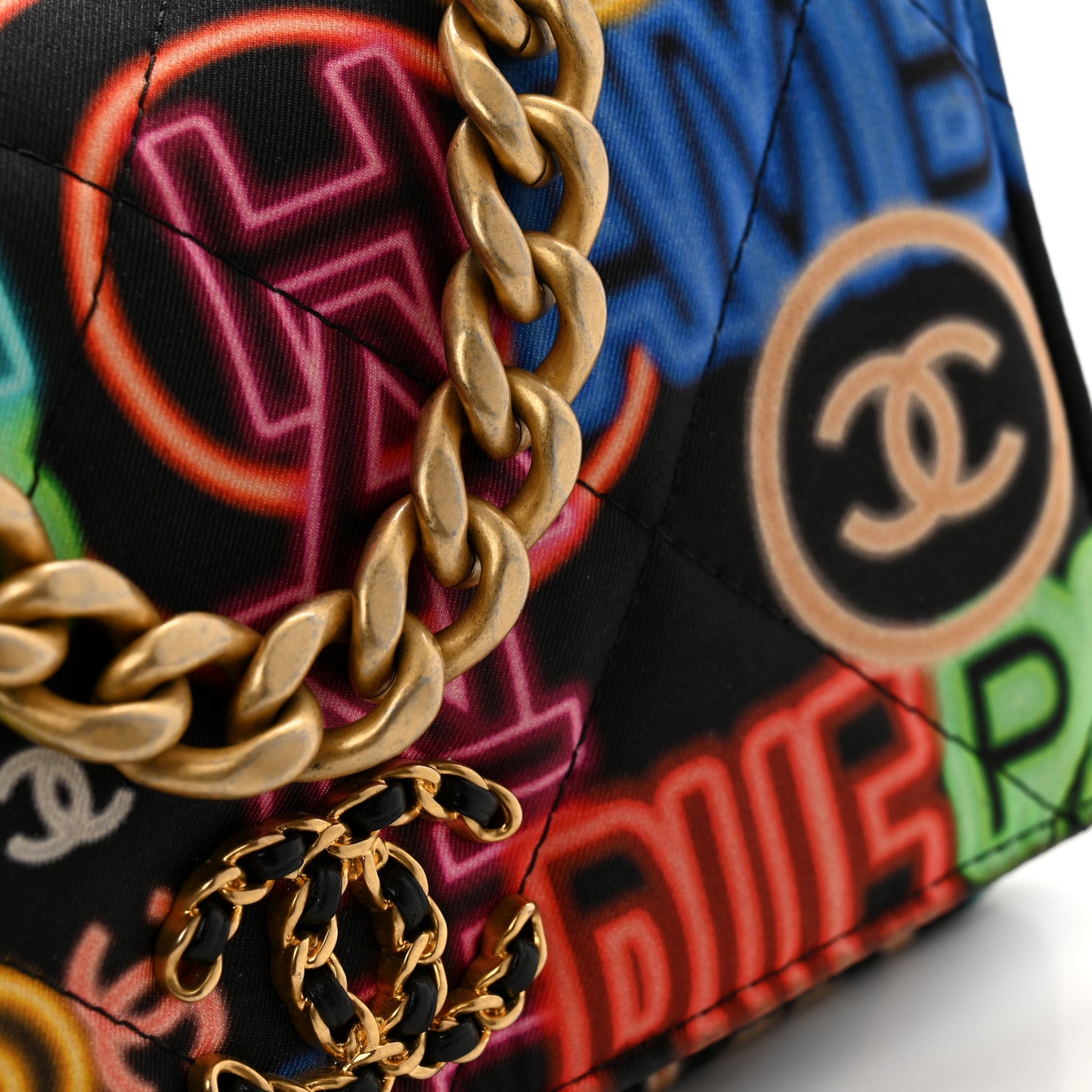Fabric Printed Chanel 19 Wallet On Chain WOC Black Multicolor