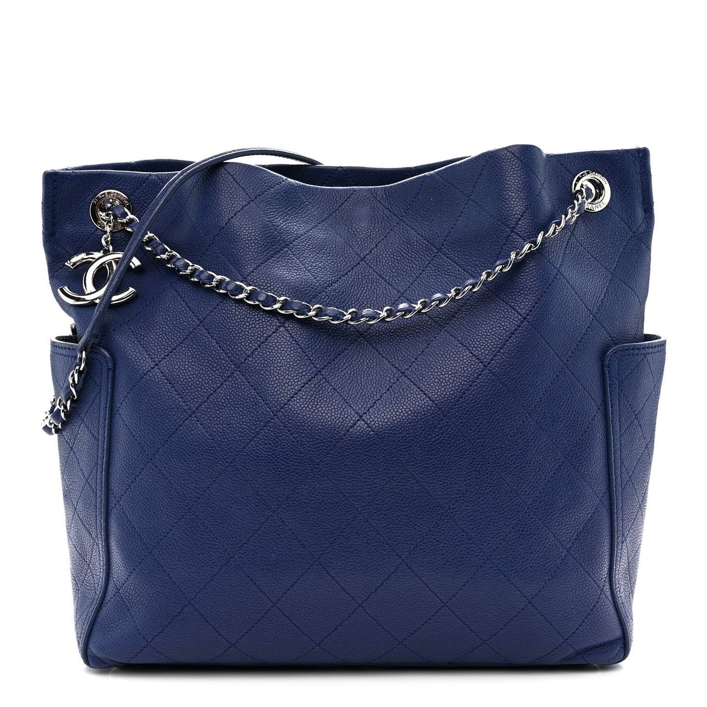 Grained Calfskin Stitched CC Pocket Tote Navy Blue
