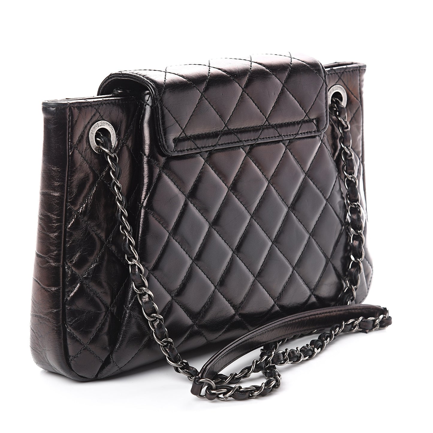 Glazed Calfskin Quilted Accordion Flap Black