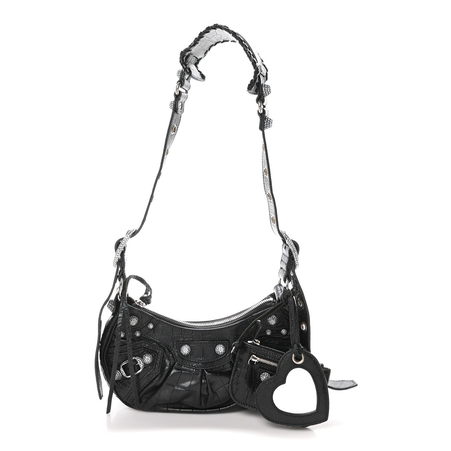 Extra Supple Calfskin Crystal Crocodile Embossed Le Cagole Shoulder Bag XS Black