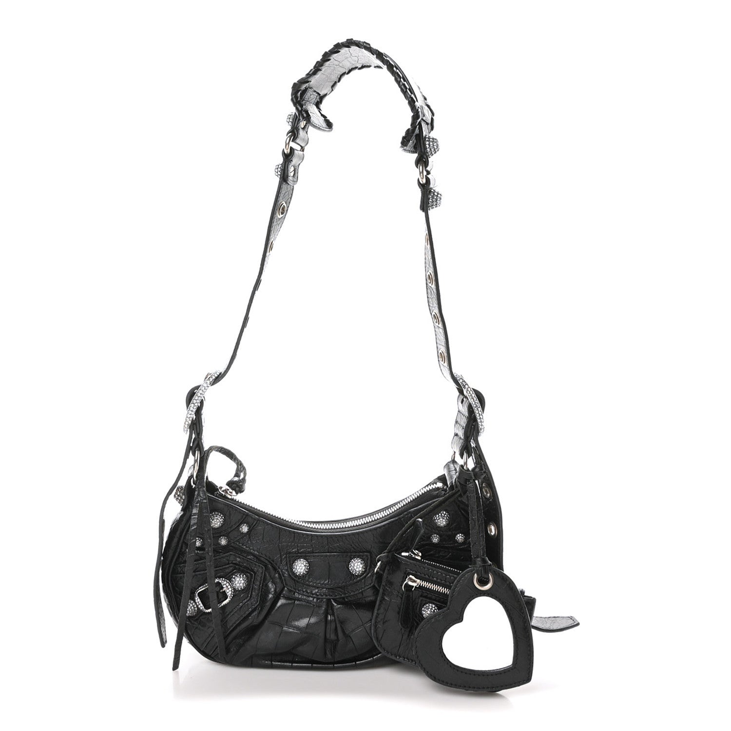 Balenciaga Extra Supple Calfskin Crystal Crocodile Embossed Le Cagole Shoulder Bag XS Black 1 of 11