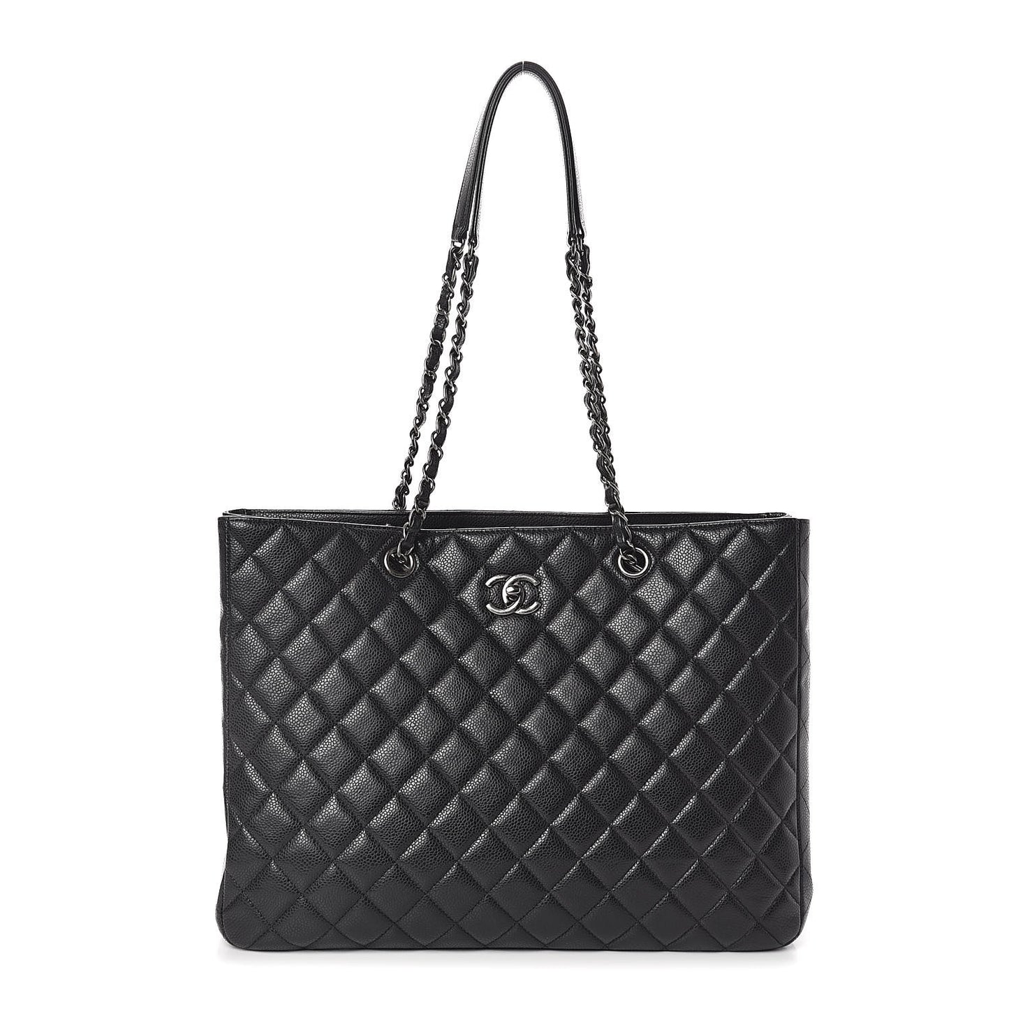 Calfskin Quilted Large CC Shopping Tote Black