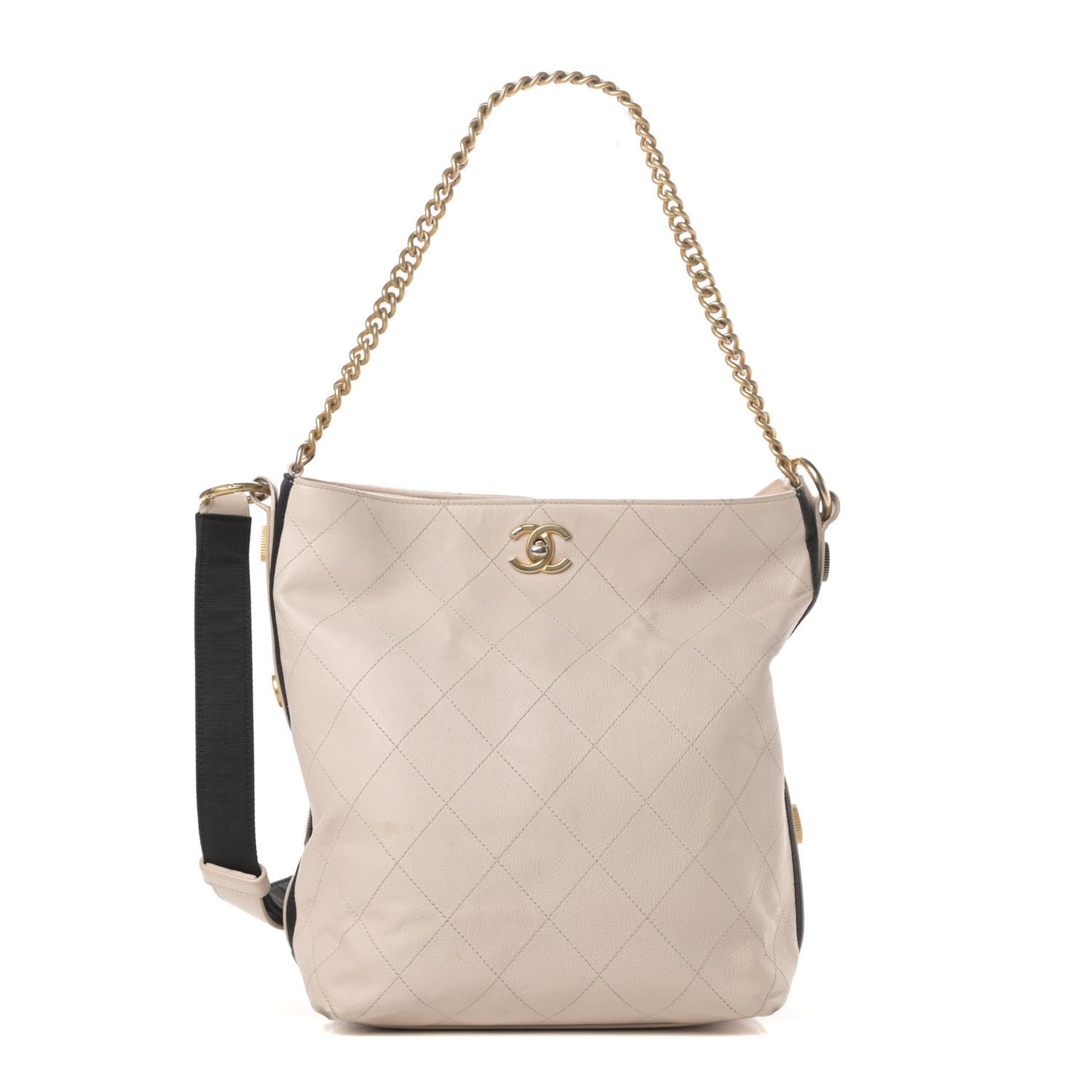 Calfskin Stitched Large Button Up Hobo Beige