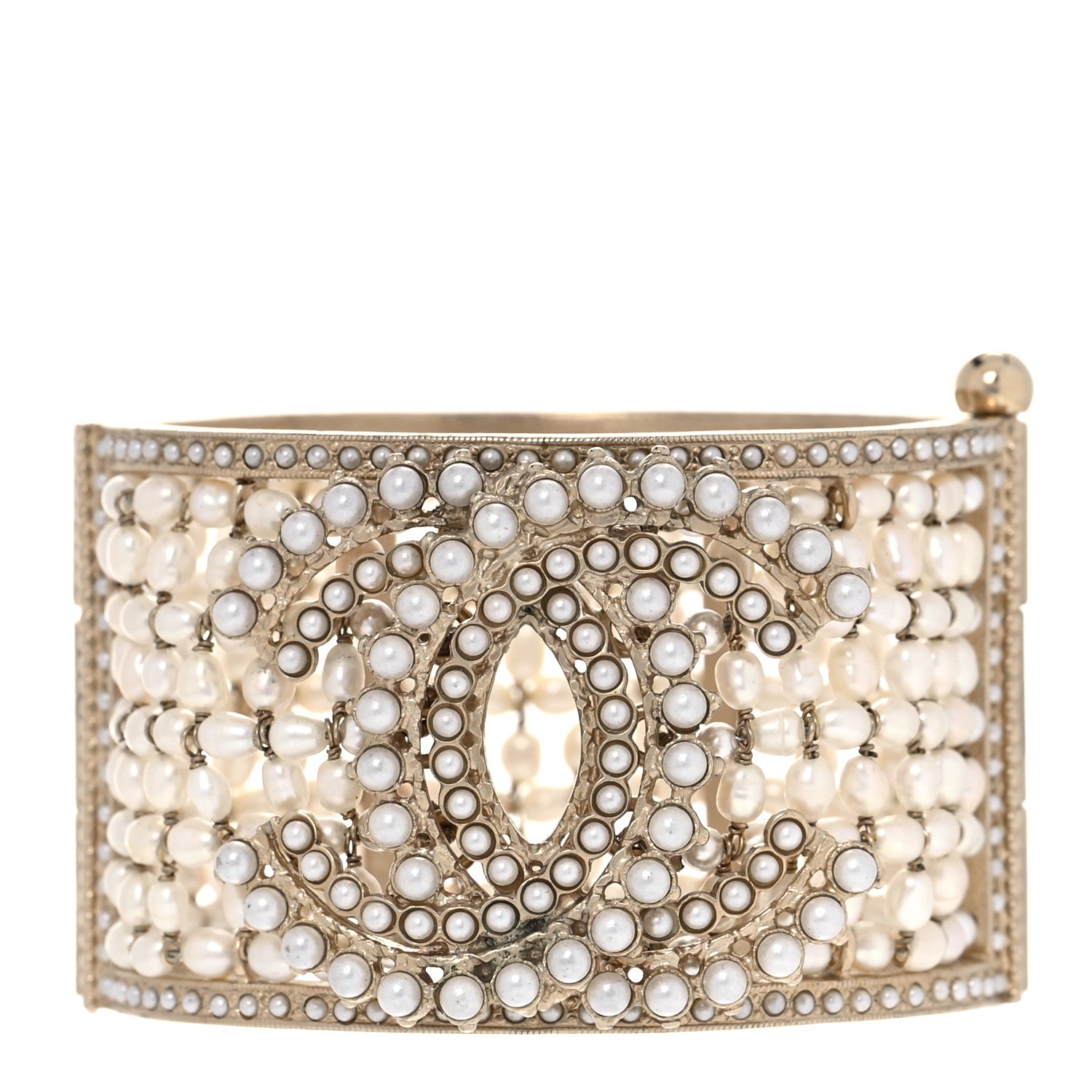 Chanel Crystal Pearl CC Cuff Bracelet Gold 1 of 5