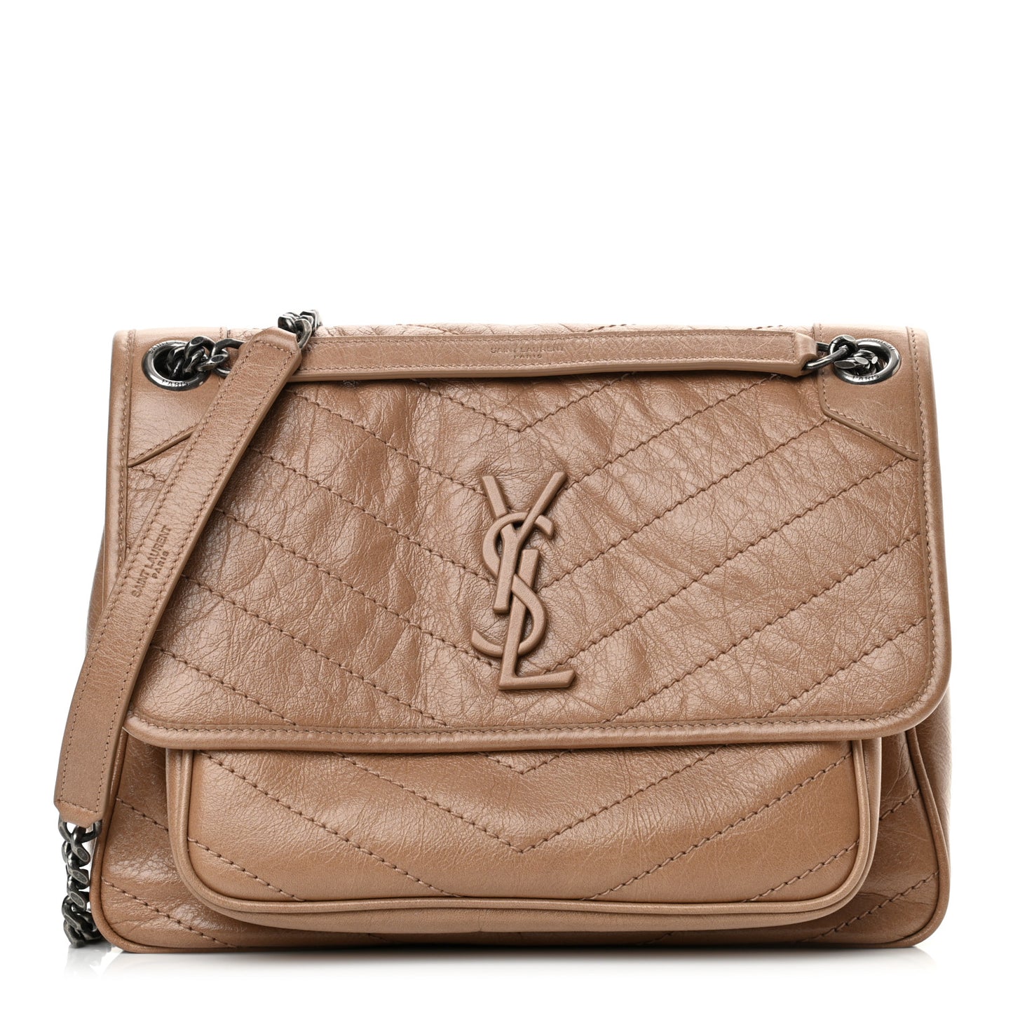 Crinkled Calfskin Matelasse Monogram Medium Niki Chain Satchel Dark Toffee