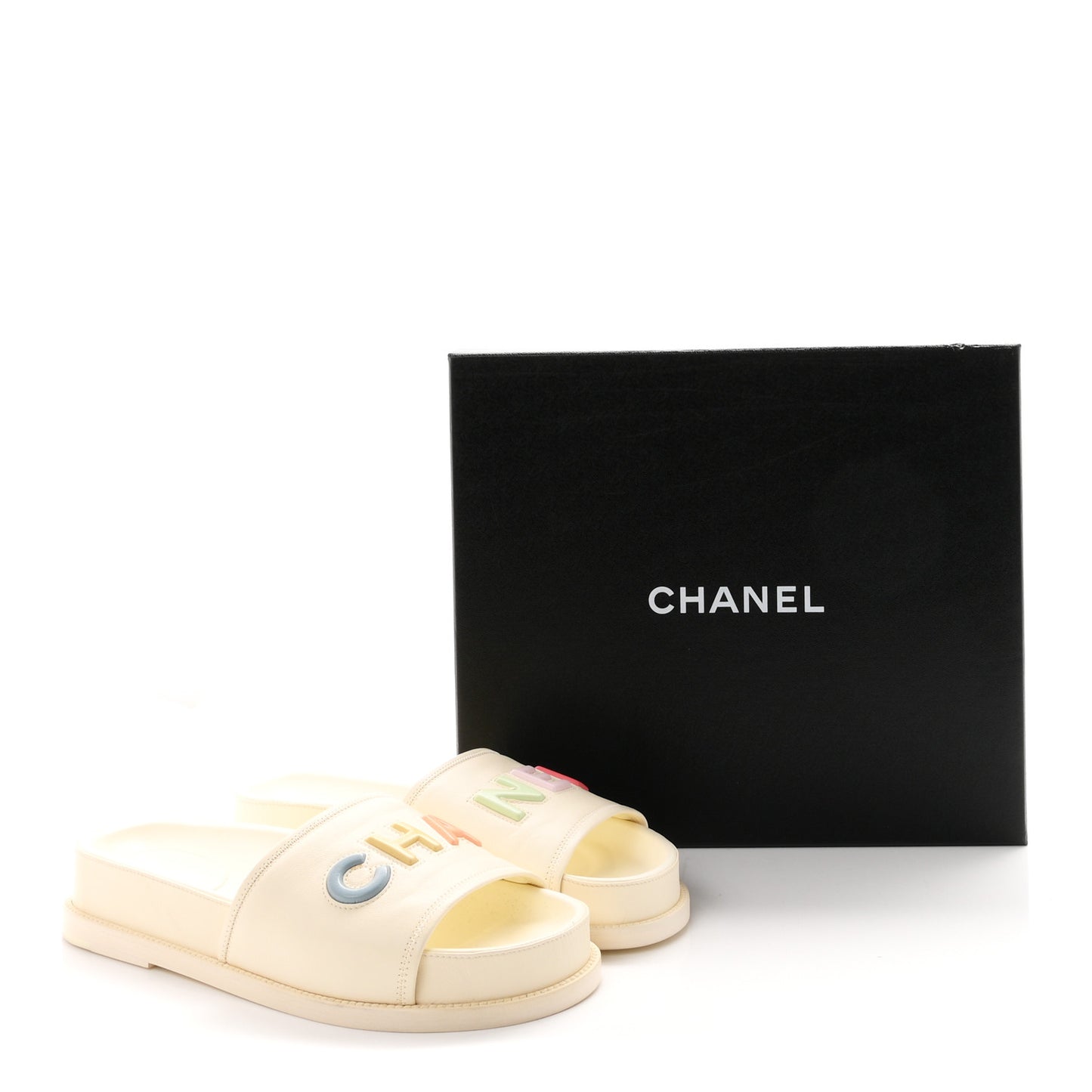 Lambskin Cha-Nel Mule Sandals 40.5 Ivory Multicolor
