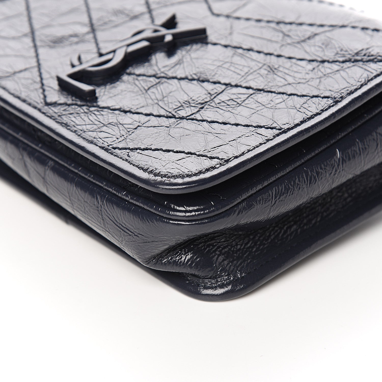Saint Laurent Crinkled Calfskin Matelasse Monogram Niki Chain Wallet Deep Marine 8 of 9