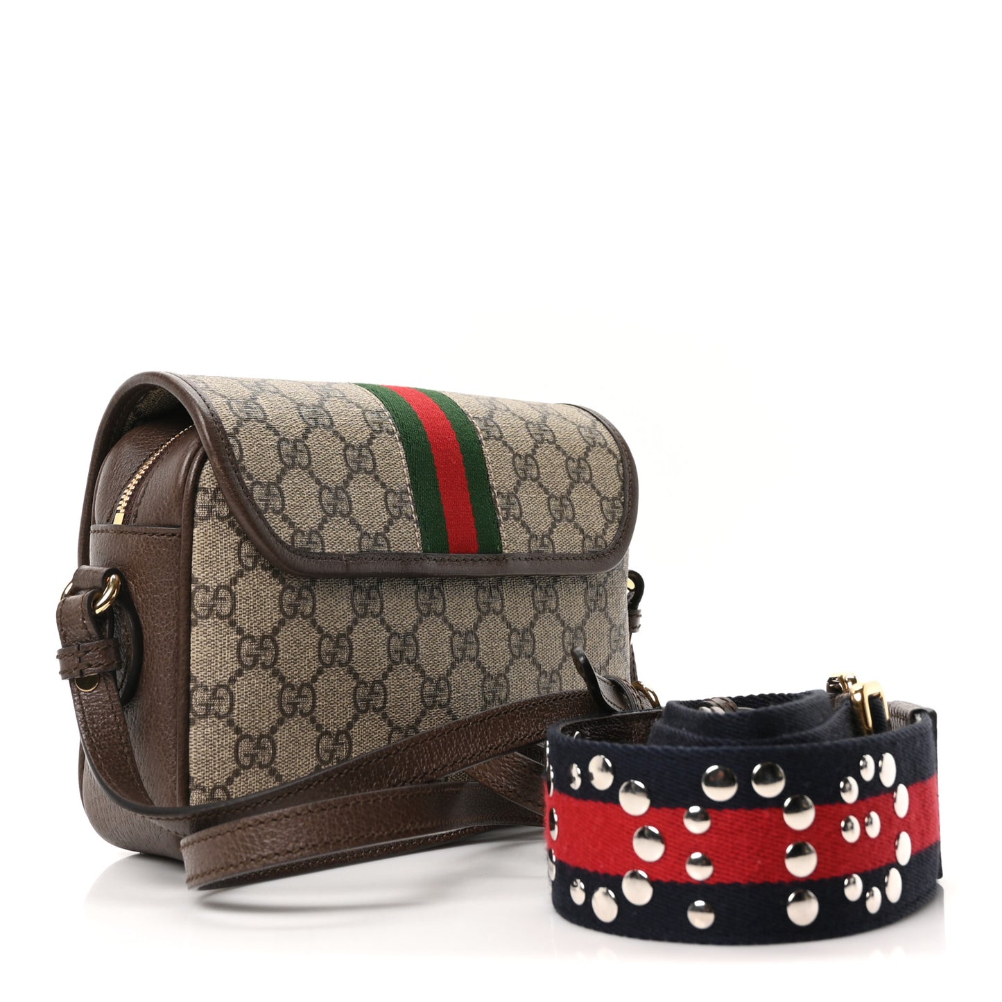 GG Supreme Monogram Textured Dollar Calfskin Web Studded Mini Ophidia Flap Shoulder Bag Beige Ebony New Acero