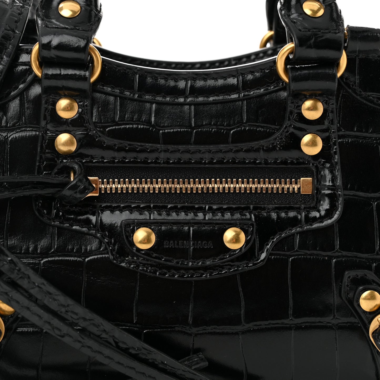 Shiny Supple Calfskin Crocodile Embossed Neo Classic Gold Hardware Nano City Crossbody Black