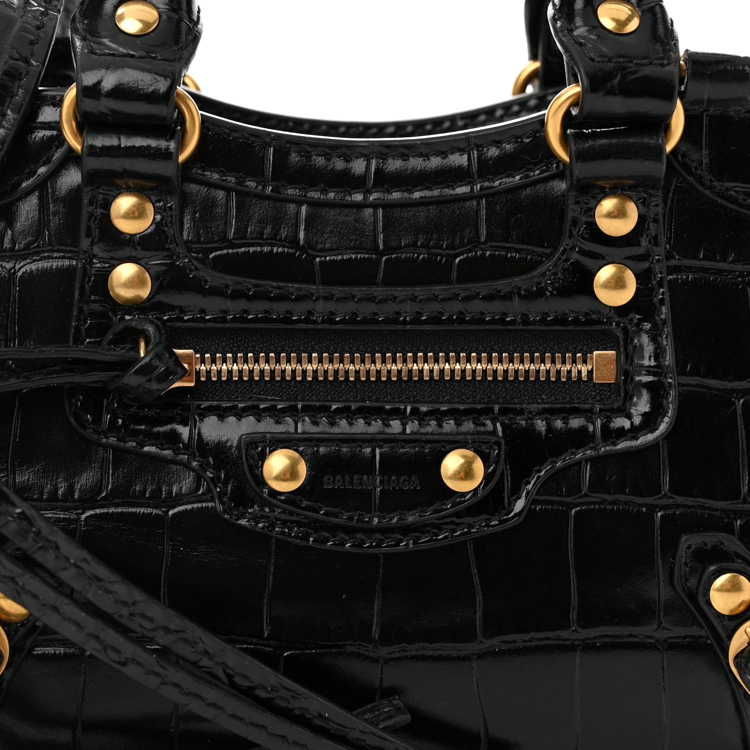 Balenciaga Shiny Supple Calfskin Crocodile Embossed Neo Classic Gold Hardware Nano City Crossbody Black 7 of 10