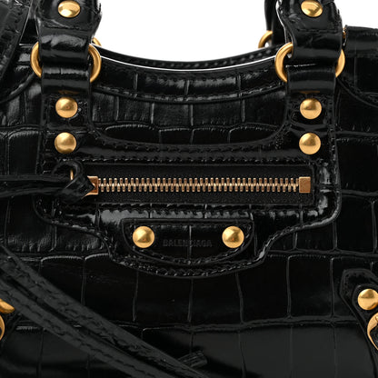 Balenciaga Shiny Supple Calfskin Crocodile Embossed Neo Classic Gold Hardware Nano City Crossbody Black 7 of 10