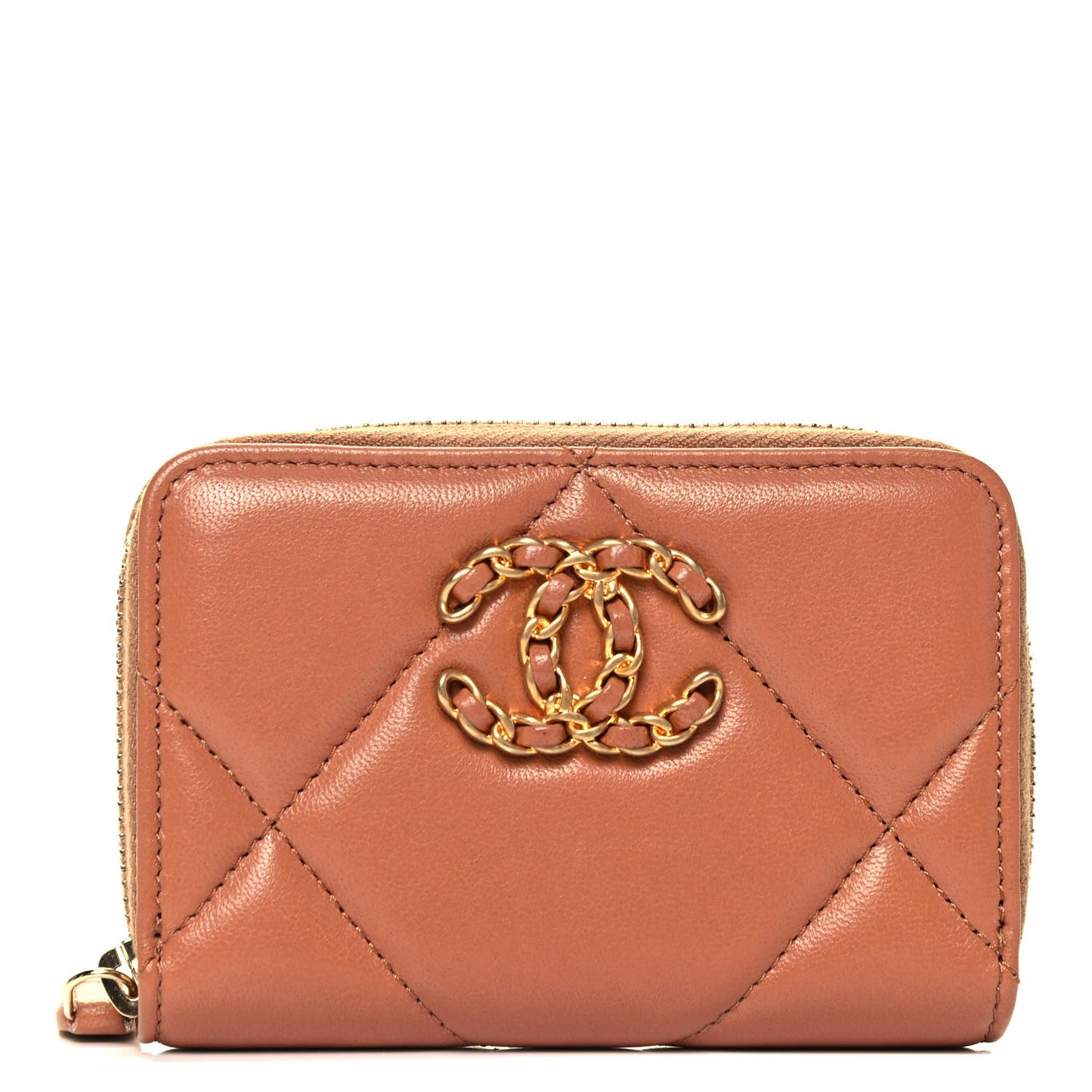 Lambskin Quilted Chanel 19 Zip Around Coin Purse Wallet Brown